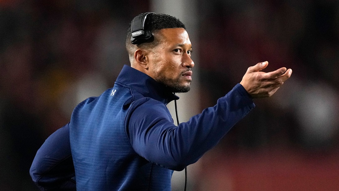FILE - Notre Dame head coach Marcus Freeman gestures on the sideline during the second half of an NCAA college football game against Southern California on Nov. 26, 2022, in Los Angeles. Freeman was named the head coach at Notre Dame last December and he has learned from early mistakes he made a year ago. No. 19 Notre Dame (8-4) must be better prepared to start and finish strong when the program faces No. 20 South Carolina (8-4) in the Gator Bowl on Dec. 30, 2022. (AP Photo/Mark J. Terrill, File)