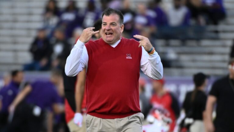 Miami (Ohio) head football coach Chuck Martin directs the team before an NCAA college football game against Northwestern, Saturday, Sept. 24, 2022, in Evanston, Ill. (AP Photo/Matt Marton)