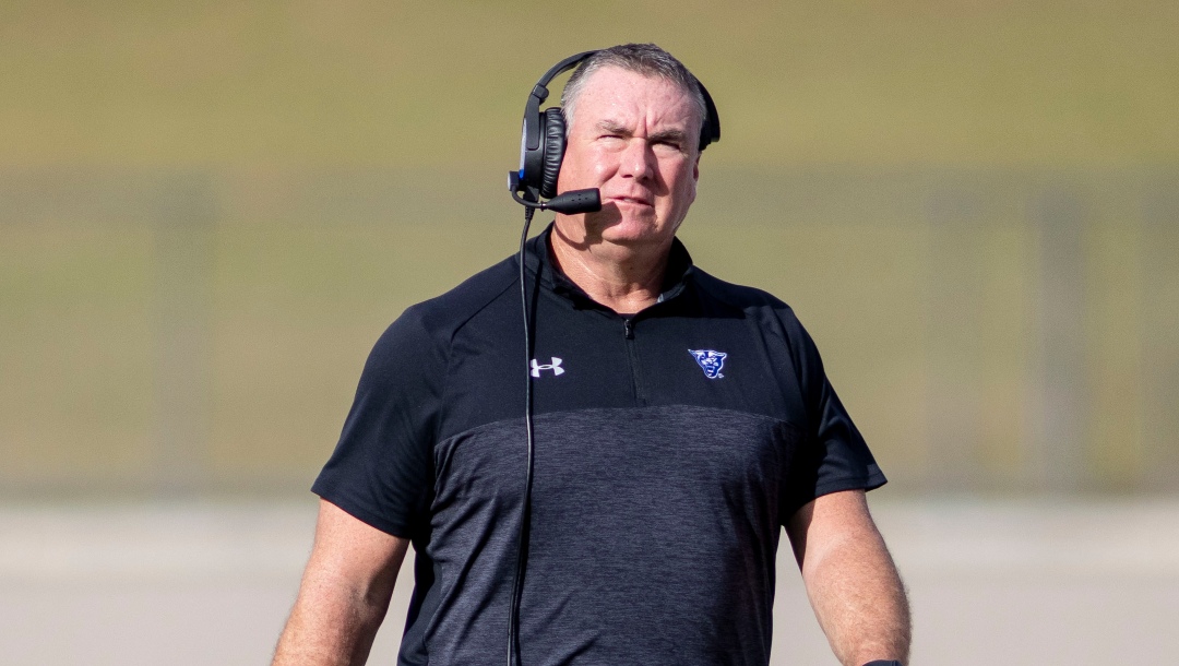 Georgia State head coach Shawn Elliott looks to the sky during the first half of the Camellia Bowl NCAA college football game against Ball State, Saturday, Dec. 25, 2021, in Montgomery, Ala. (AP Photo/Vasha Hunt)