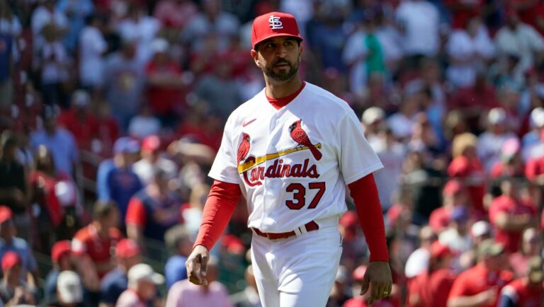 St. Louis Cardinals manager Oliver Marmol is seen during the ninth inning of a baseball game against the New York Mets Wednesday, April 27, 2022, in St. Louis.