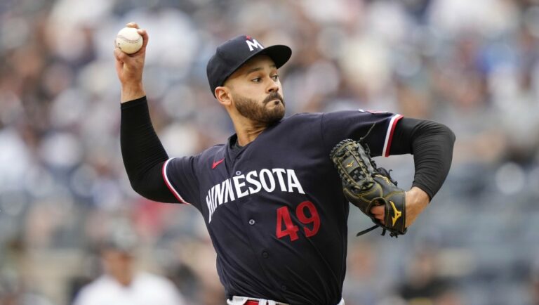 Minnesota Twins starting pitcher Pablo Lopez throws in the first inning of a baseball game against the New York Yankees, Sunday, April 16, 2023, in New York.