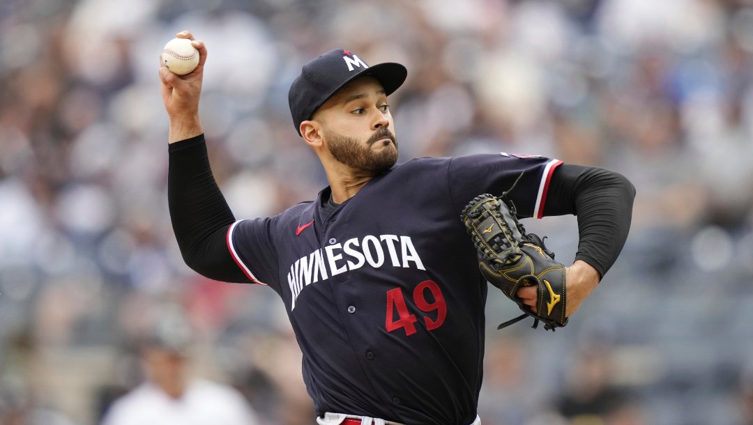 Minnesota Twins starting pitcher Pablo Lopez throws in the first inning of a baseball game against the New York Yankees, Sunday, April 16, 2023, in New York.