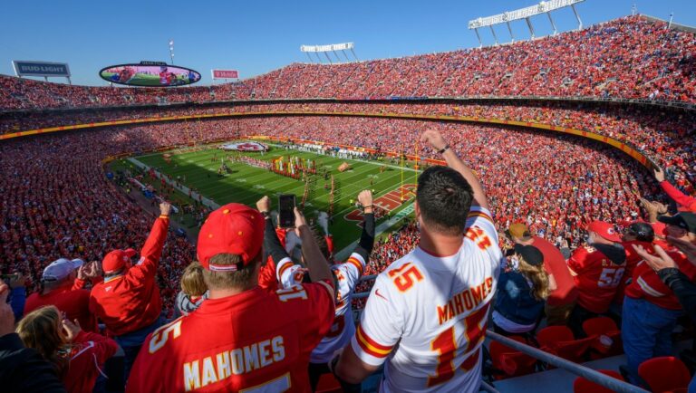 A general overall view of Arrowhead Stadium with a sellout crowd for the NFL football game between the Kansas City Chiefs and the Buffalo Bills, Sunday, Oct. 16, 2022 in Kansas City, Mo. (AP Photo/Reed Hoffmann)