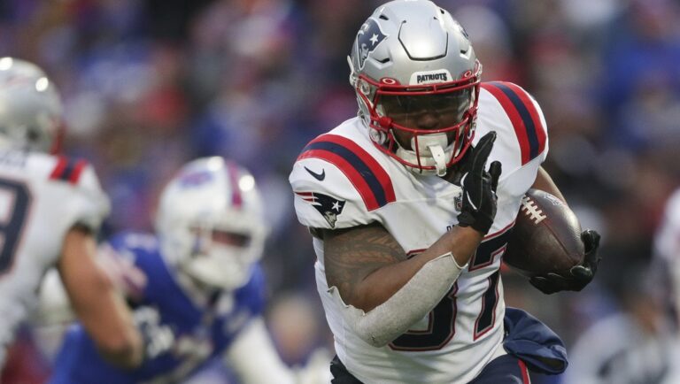 New England Patriots running back Damien Harris (37) runs during the second half of an NFL football game against the Buffalo Bills on Sunday, Jan. 8, 2023, in Orchard Park, N.Y. The Buffalo Bills restocked their offensive backfield by signing free agent Damien Harris to a one-year contract on Tuesday, March 21, 2023. Harris spent his first four NFL seasons with Buffalo's division rival New England Patriots, and his signing comes a day after Buffalo lost starter Devin Singletary, who signed with Houston.