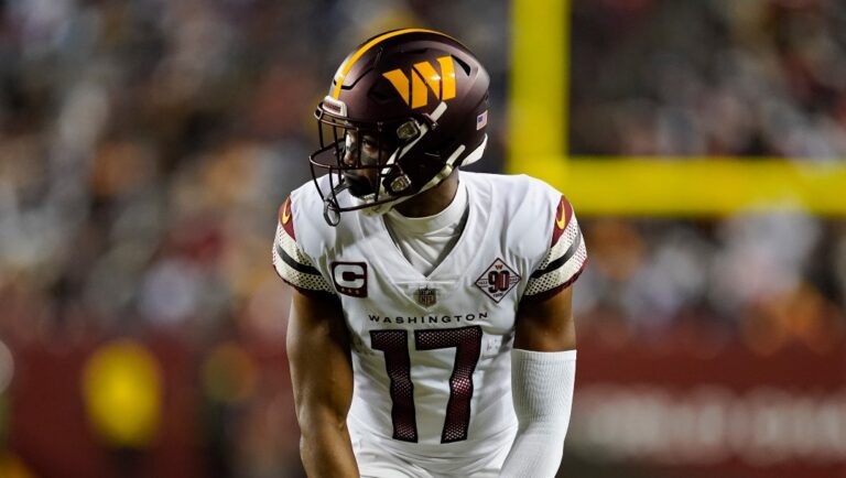 Washington Commanders wide receiver Terry McLaurin lines up for a play in the second half of an NFL football game against the Dallas Cowboys, Sunday, Jan. 8, 2023, in Landover, Md. (AP Photo/Patrick Semansky)