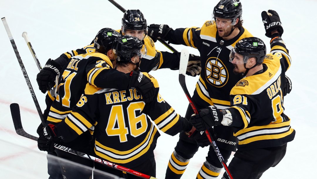 Boston Bruins' David Krejci (46) celebrates after his goal with teammates during the second period of Game 7 of an NHL hockey Stanley Cup first-round playoff series against the Florida Panthers, Sunday, April 30, 2023, in Boston.