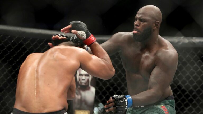 Jairzinho Rozenstruik, right, in action against Alistair Overeem during their heavyweight mixed martial arts bout.