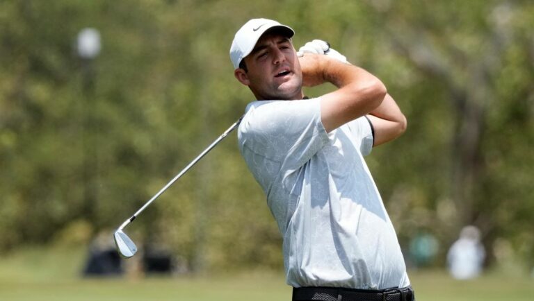 Scottie Scheffler hits from the 17th fairway during a practice round of the U.S. Open golf tournament at Los Angeles Country Club, Monday, June 12, 2023, in Los Angeles.