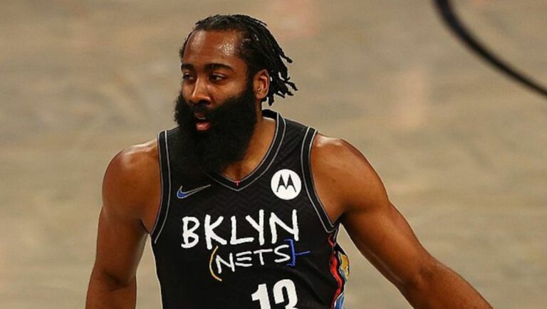 James Harden seeing action for the Brooklyn Nets in an NBA game in March 2021.