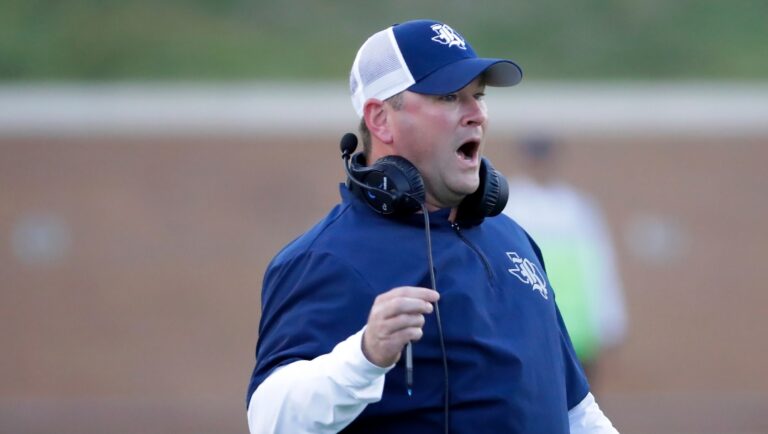 Rice coach Mike Bloomgren disputes a penalty call during the first half of the team's NCAA college football game against UTEP on Thursday, Nov. 3, 2022, in Houston. (AP Photo/Michael Wyke)