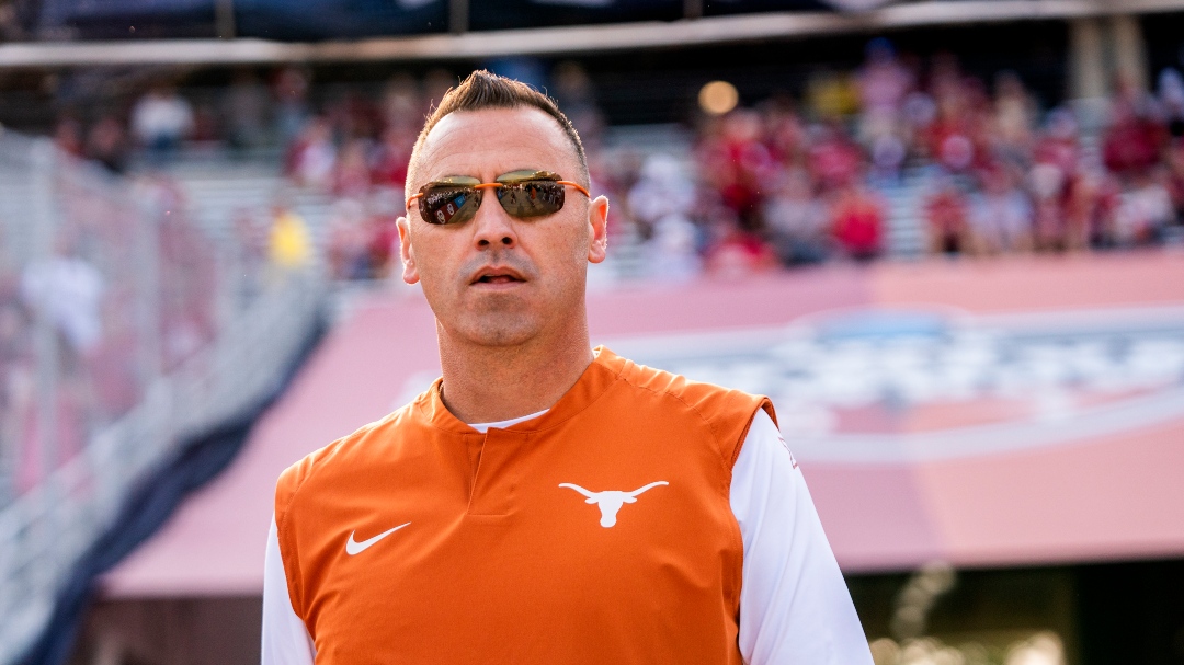 Texas head coach Steve Sarkisian enters the Cotton Bowl before an NCAA college football game against Oklahoma, Saturday, Oct. 8, 2022, in Dallas. Texas won 49-0. (AP Photo/Jeffrey McWhorter)
