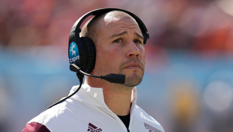 Mississippi State head coach Zach Arnett against Illinois during the first half of the ReliaQuest Bowl NCAA college football game Monday, Jan. 2, 2023, in Tampa, Fla. (AP Photo/Chris O'Meara)