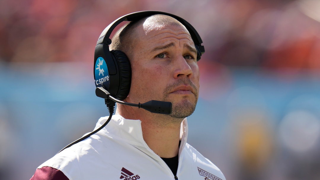 Mississippi State head coach Zach Arnett against Illinois during the first half of the ReliaQuest Bowl NCAA college football game Monday, Jan. 2, 2023, in Tampa, Fla. (AP Photo/Chris O'Meara)