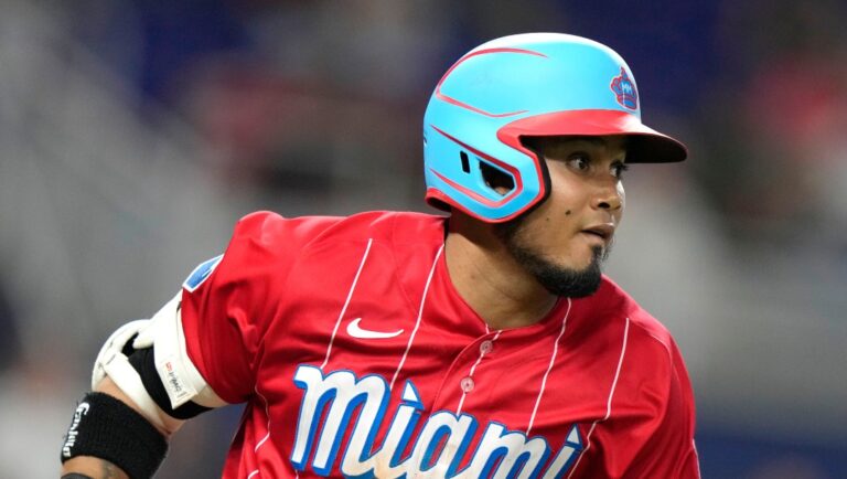 Miami Marlins' Luis Arraez runs the bases during a baseball game against the Oakland Athletics, Saturday, June 3, 2023, in Miami. (AP Photo/Lynne Sladky)
