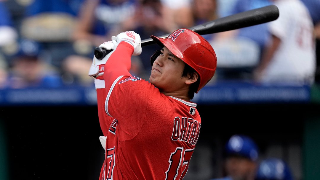 Los Angeles Angels' Shohei Ohtani, from Japan, watches his solo home run during the seventh inning of a baseball game against the Kansas City Royals Saturday, June 17, 2023, in Kansas City, Mo.