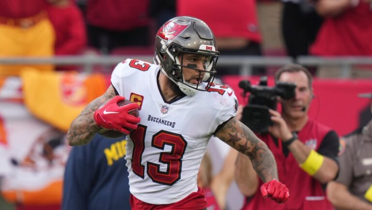 Tampa Bay Buccaneers wide receiver Mike Evans (13) looks back at a defender after his first of three deep touchdown receptions during an NFL football game against the Carolina Panthers, Sunday, January 1, 2023, in Tampa, Fla.
