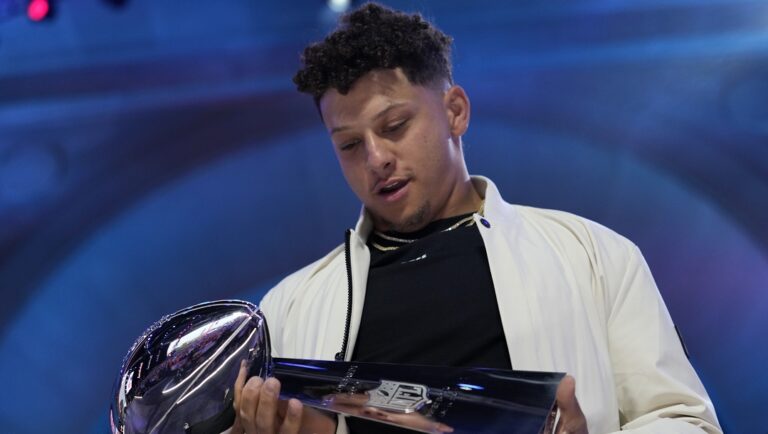 Kansas City Chiefs quarterback Patrick Mahomes holds the Super Bowl trophy at the 2023 NFL Draft, Thursday, April 27, 2023, in Kansas City, Mo.