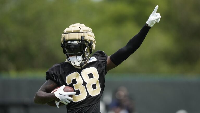 New Orleans Saints safety Smoke Monday (38) gestures as he runs through drills during an NFL football practice in Metairie, La., Tuesday, June 6, 2023.