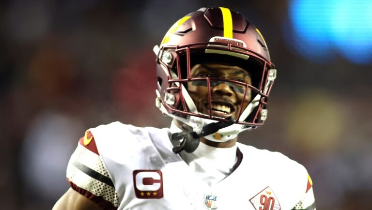 Washington Commanders wide receiver Terry McLaurin (17) celebrates during an NFL football game against the Dallas Cowboys, Sunday, January 8, 2023 in Landover. (AP Photo/Daniel Kucin Jr.)