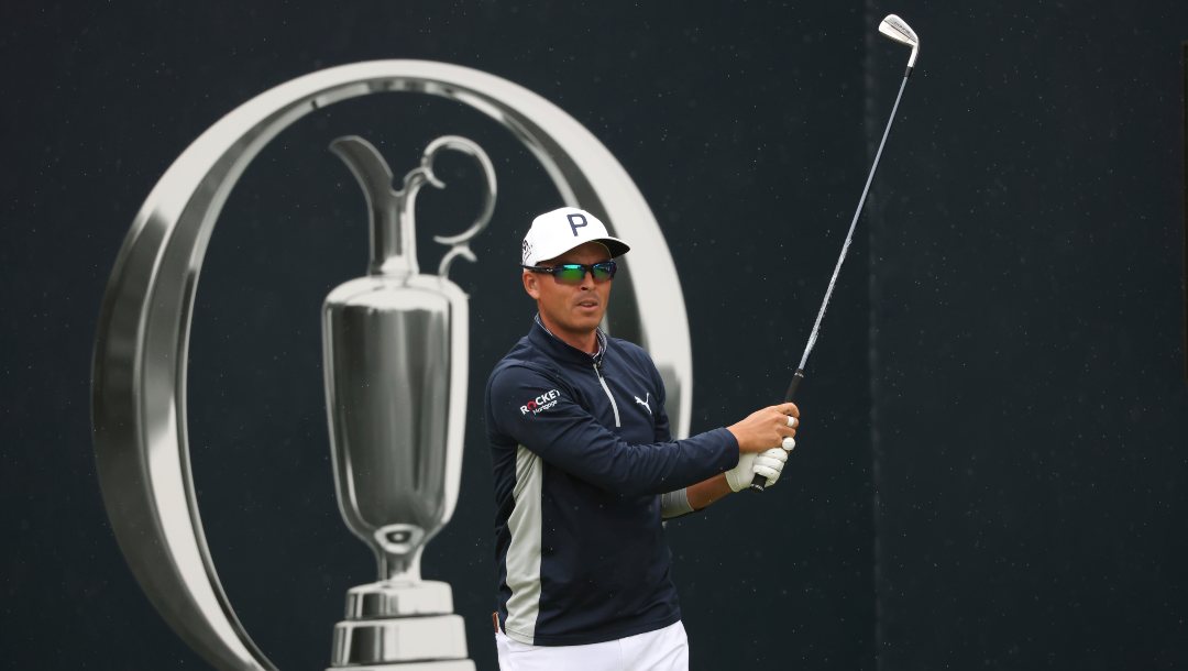 United States' Rickie Fowler tees off the 1st during a practice round for the British Open Golf Championships at the Royal Liverpool Golf Club in Hoylake, England, Tuesday, July 18, 2023. The Open starts Thursday, July 20.