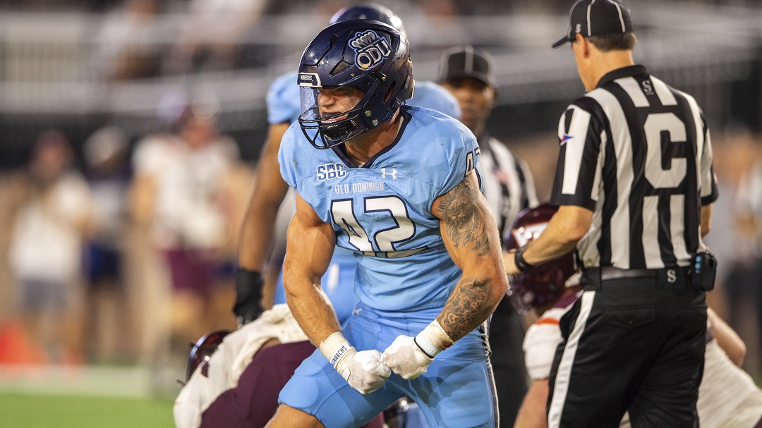 Old Dominion linebacker Jason Henderson (42) celebrates after a tackle during an NCAA college football game on Friday, Sept. 2, 2022, in Norfolk, Va.