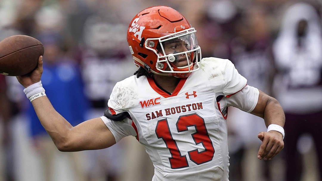 Sam Houston State quarterback Jordan Yates (13) throws a pass against Texas A&M during the first half of an NCAA college football game Saturday, Sept. 3, 2022, in College Station, Texas.