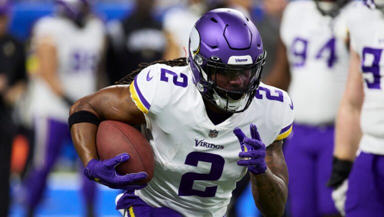 Minnesota Vikings running back Alexander Mattison (2) during warm ups against the Detroit Lions during an NFL football game, Sunday, Dec. 11, 2022, in Detroit. (AP Photo/Rick Osentoski)