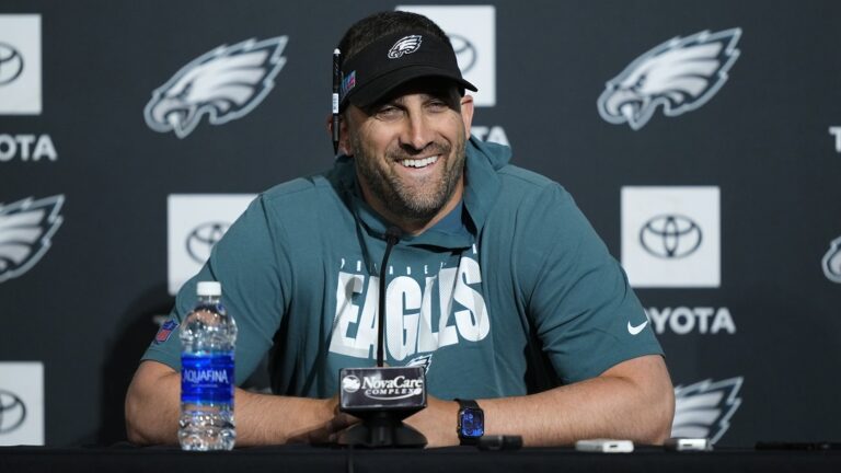 Philadelphia Eagles' Nick Sirianni speaks with members of the media at the NFL football teams training facility in Philadelphia, Thursday, June 8, 2023.
