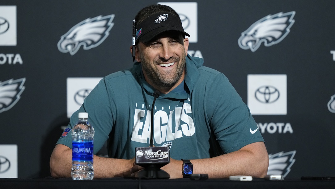 Philadelphia Eagles' Nick Sirianni speaks with members of the media at the NFL football teams training facility in Philadelphia, Thursday, June 8, 2023.