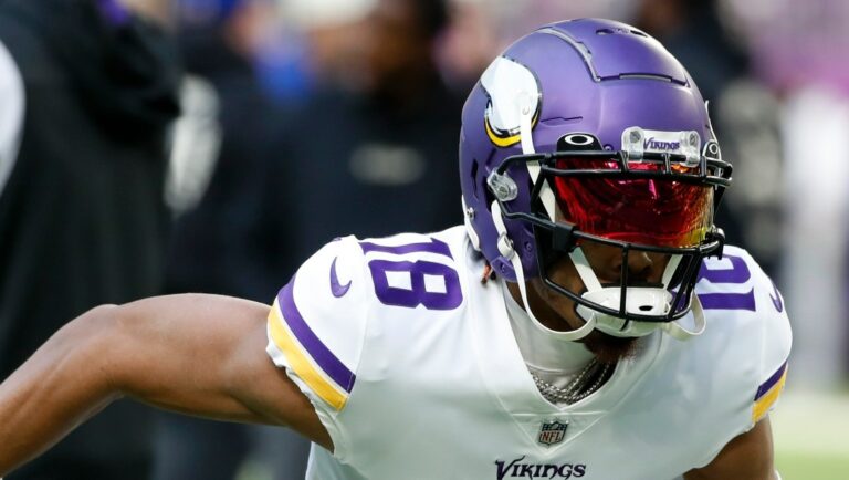 Minnesota Vikings wide receiver Justin Jefferson warms up before an NFL football game against the New York Giants, Saturday, Dec. 24, 2022, in Minneapolis. (AP Photo/Bruce Kluckhohn)