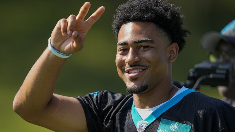 Carolina Panthers quarterback Bryce Young arrives at the NFL football team's training camp on Wednesday, July 26, 2023, in Spartanburg, S.C.