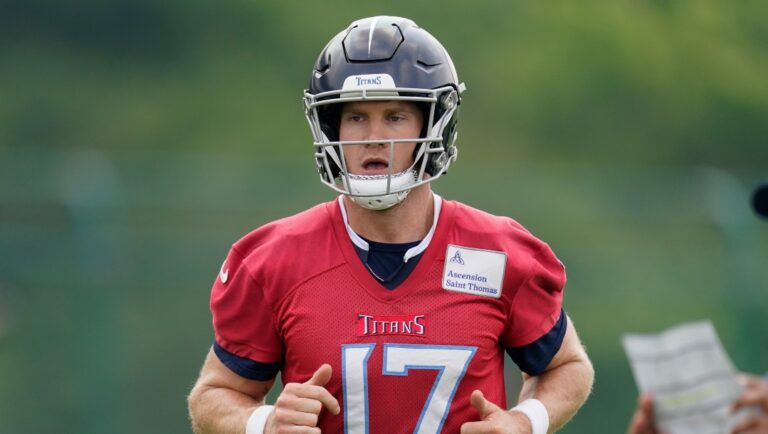 Tennessee Titans quarterback Ryan Tannehill (17) runs across the field during practice at the NFL football team's training facility Thursday, June 8, 2023, in Nashville, Tenn. (AP Photo/George Walker IV)