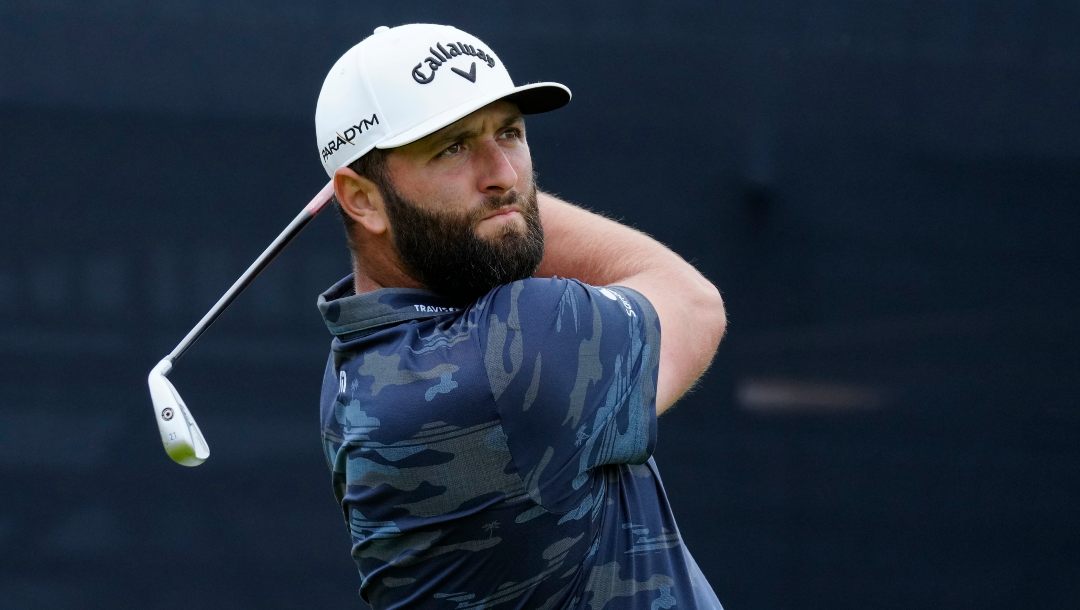 Spain's Jon Rahm play has shot from the 3rd tee during the third day of the British Open Golf Championships at the Royal Liverpool Golf Club in Hoylake, England, Saturday, July 22, 2023.