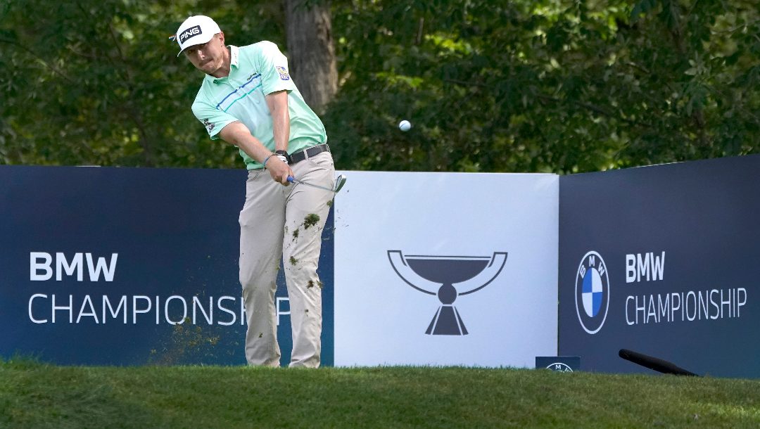 Mackenzie Hughes, of Canada, hits his tee shot on the 16th hole during the third round of the BMW Championship golf tournament at Olympia Fields Country Club in Olympia Fields, Ill., Saturday, Aug. 29, 2020.