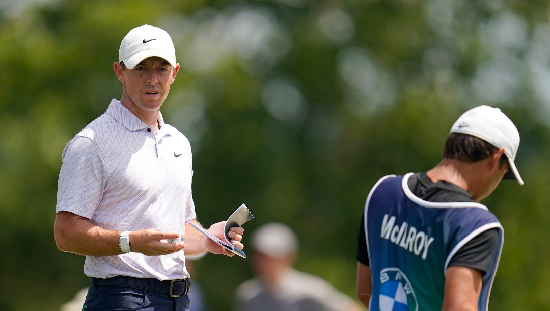Rory McIlroy, of Northern Ireland, watches a putt on the eighth green during the second round of the BMW Championship golf tournament at Wilmington Country Club, Friday, Aug. 19, 2022, in Wilmington, Del.