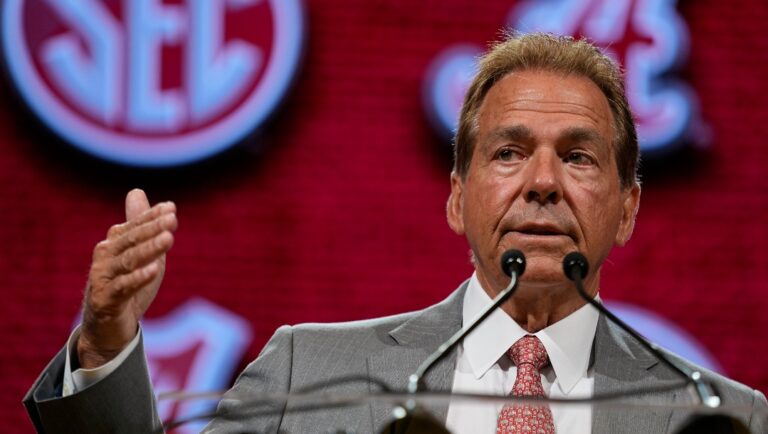 Alabama head coach Nick Saban speaks during NCAA college football Southeastern Conference Media Days, Wednesday, July 19, 2023, in Nashville, Tenn. (AP Photo/George Walker IV)