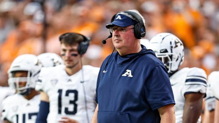 Akron head coach Joe Moorhead watches action during the first half of an NCAA college football game against Tennessee Saturday, Sept. 17, 2022, in Knoxville, Tenn. (AP Photo/Wade Payne)