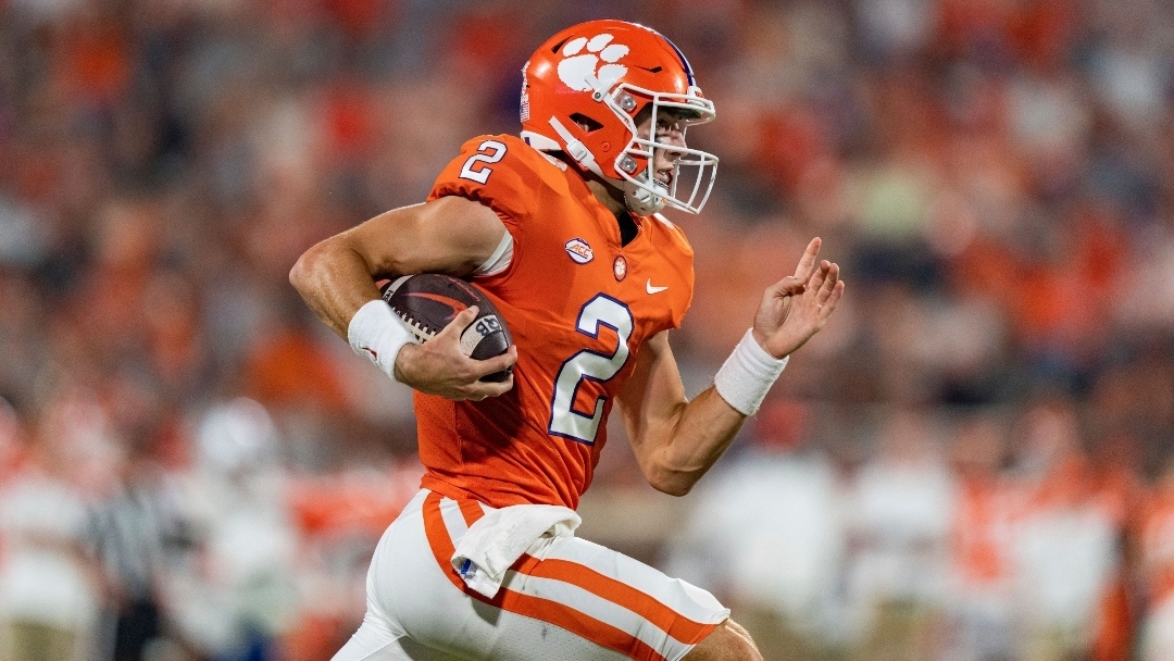 Clemson quarterback Cade Klubnik (2) runs with the ball during an NCAA college football game against Louisiana Tech Saturday, Sept. 17, 2022, in Clemson, S.C. (AP Photo/Jacob Kupferman)