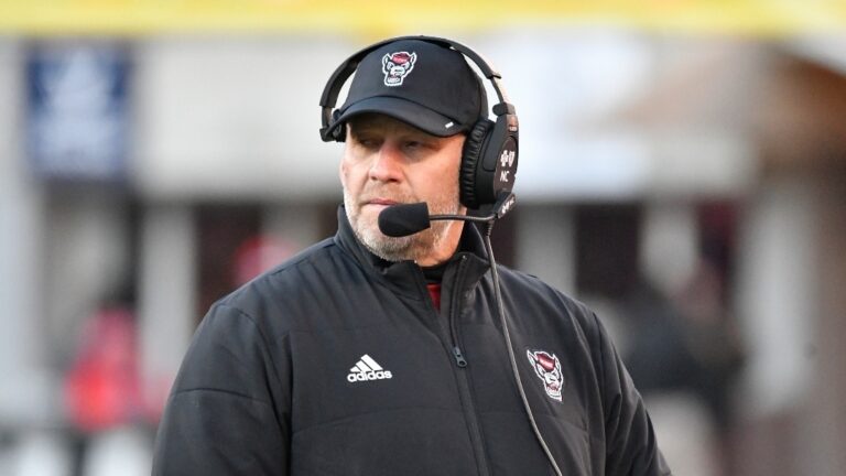 North Carolina State head coach Dave Doeren watched his team during the first half of an NCAA college football game against Louisville in Louisville, Ky., Saturday, Nov. 19, 2022.
