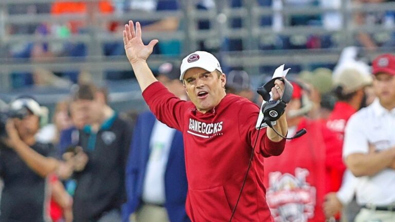 South Carolina head coach Shane Beamer reacts to a call during the second quarter of the Gator Bowl NCAA college football game against Notre Dame on Friday, Dec. 30, 2022, in Jacksonville, Fla. (AP Photo/Gary McCullough)