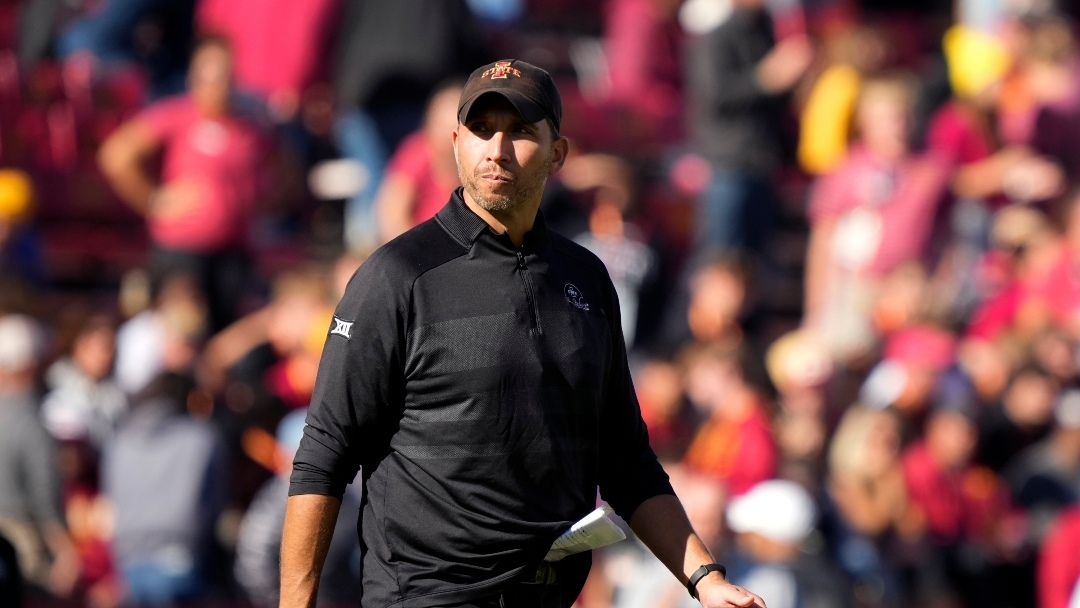 Iowa State head coach Matt Campbell walks off the field after an NCAA college football game against Oklahoma, Saturday, Oct. 29, 2022, in Ames, Iowa. Oklahoma won 27-13. (AP Photo/Charlie Neibergall)