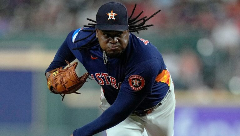 Houston Astros starting pitcher Framber Valdez delivers during the seventh inning of a baseball game against the Cleveland Guardians, Tuesday, Aug. 1, 2023, in Houston.