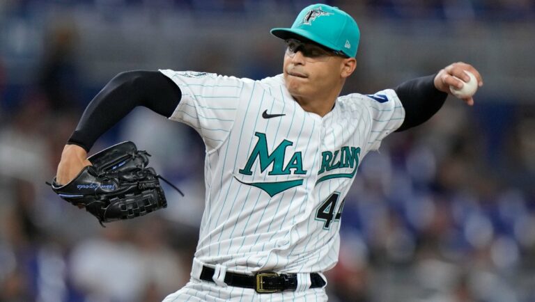 Miami Marlins' Jesus Luzardo delivers a pitch during the first inning of a baseball game against the Pittsburgh Pirates, Friday, June 23, 2023, in Miami.