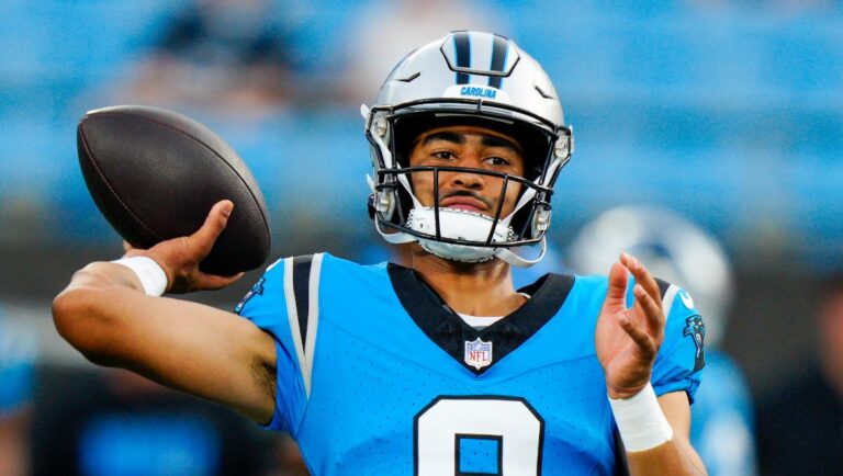 Carolina Panthers quarterback Bryce Young warms up before a preseason NFL football game against the Detroit Lions Friday, Aug. 25, 2023, in Charlotte, N.C. (AP Photo/Jacob Kupferman)