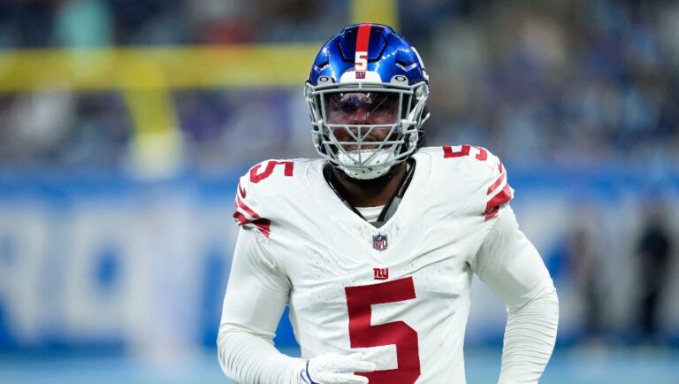 New York Giants linebacker Kayvon Thibodeaux (5) runs before an preseason NFL football game against the Detroit Lions in Detroit, Friday, Aug. 11, 2023. (AP Photo/Paul Sancya)