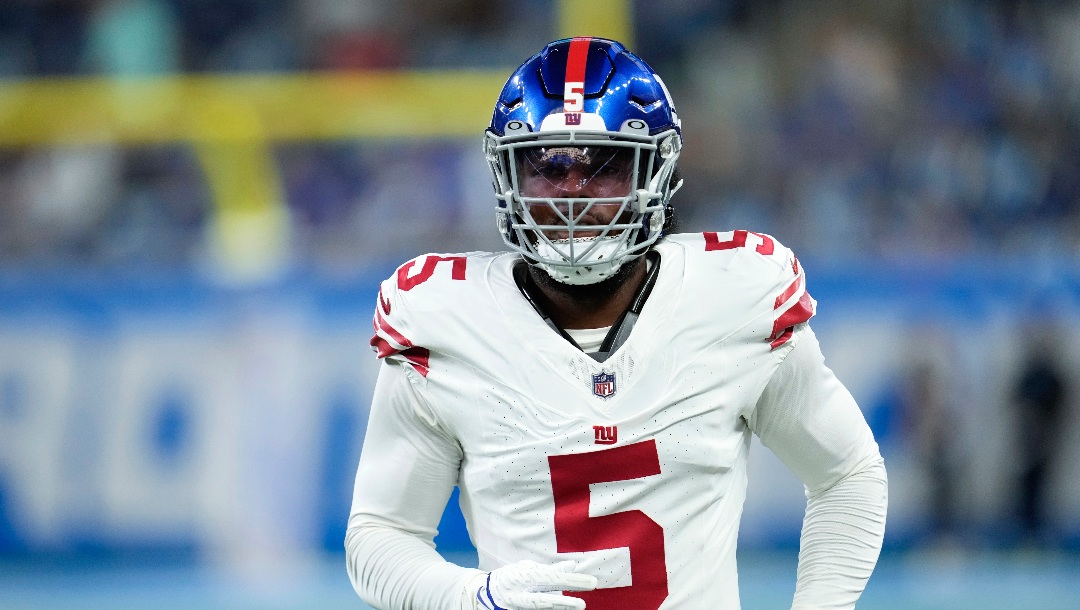 New York Giants linebacker Kayvon Thibodeaux (5) runs before an preseason NFL football game against the Detroit Lions in Detroit, Friday, Aug. 11, 2023. (AP Photo/Paul Sancya)