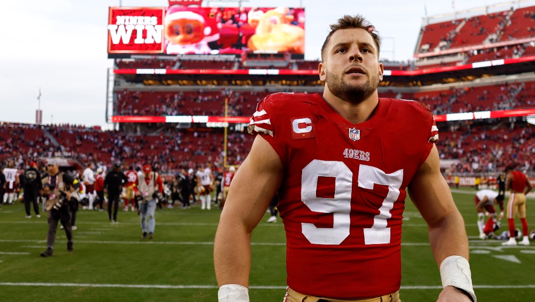 San Francisco 49ers defensive end Nick Bosa walks off the field after an NFL football game against the Washington Commanders, Saturday, Dec. 24, 2022, in Santa Clara, Calif. (AP Photo/Jed Jacobsohn)