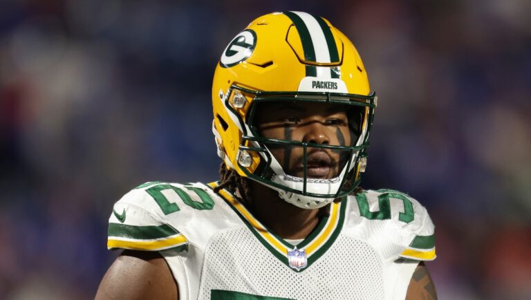 Green Bay Packers linebacker Rashan Gary (52) warms up prior to an NFL football game, Sunday, Oct. 30, 2022, in Orchard Park, N.Y. (AP Photo/Bryan Bennett)
