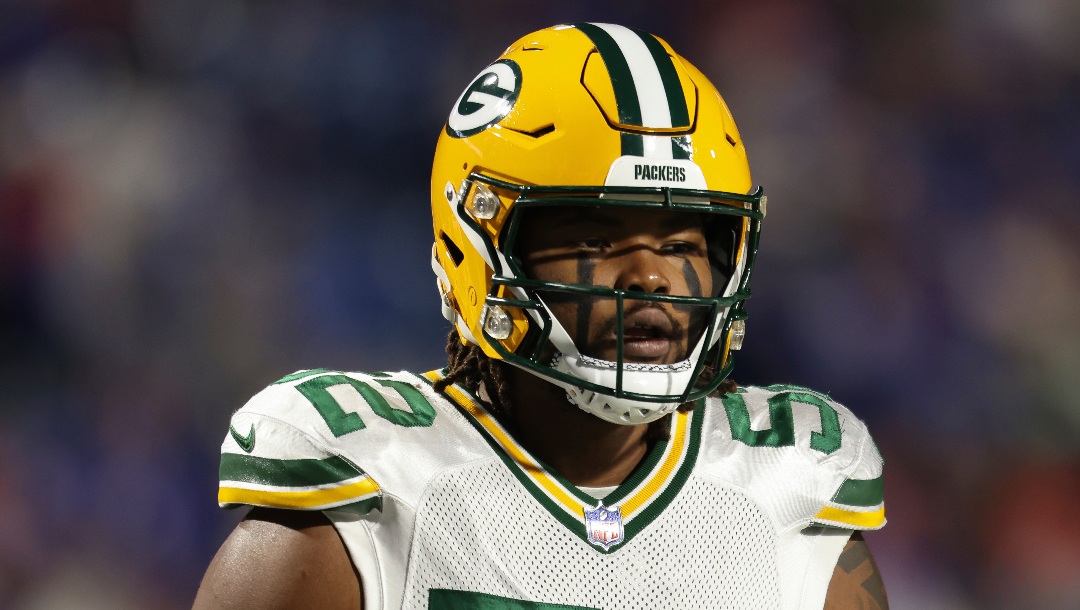 Green Bay Packers linebacker Rashan Gary (52) warms up prior to an NFL football game, Sunday, Oct. 30, 2022, in Orchard Park, N.Y. (AP Photo/Bryan Bennett)