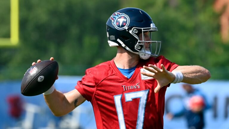 Tennessee Titans quarterback Ryan Tannehill (17) throws a pass during an NFL football training camp practice Saturday, July 29, 2023, in Nashville, Tenn. (AP Photo/Mark Zaleski)
